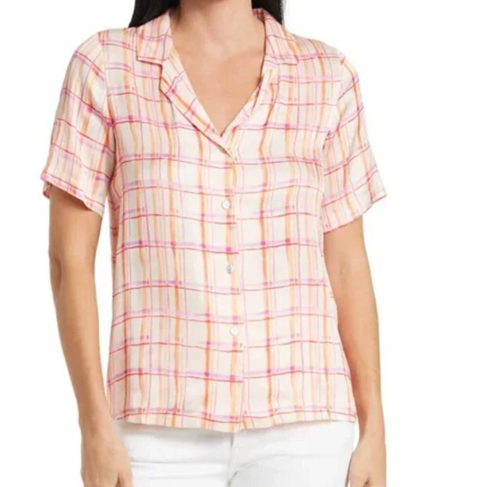 NWT FRNCH Chelly Windowpane Plaid Short Sleeve Shirt